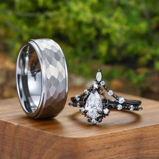 Vintage Filigreed Pear Cut Moissanite Promise Couple Ring Set Marriage Ring Set