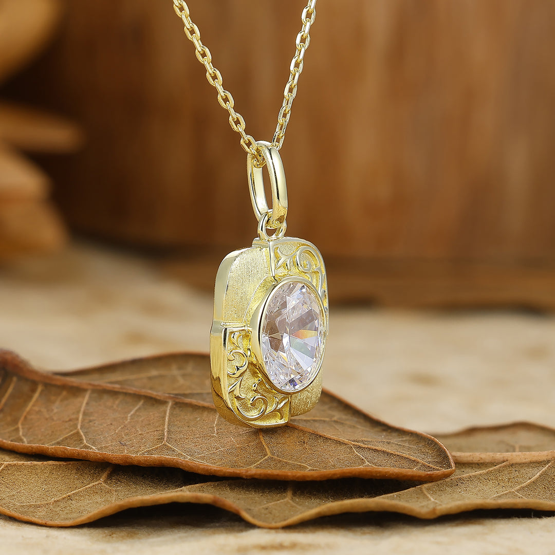 Textured Gold Filigreed Moissanite Pendant Solid Women Pendant Necklace