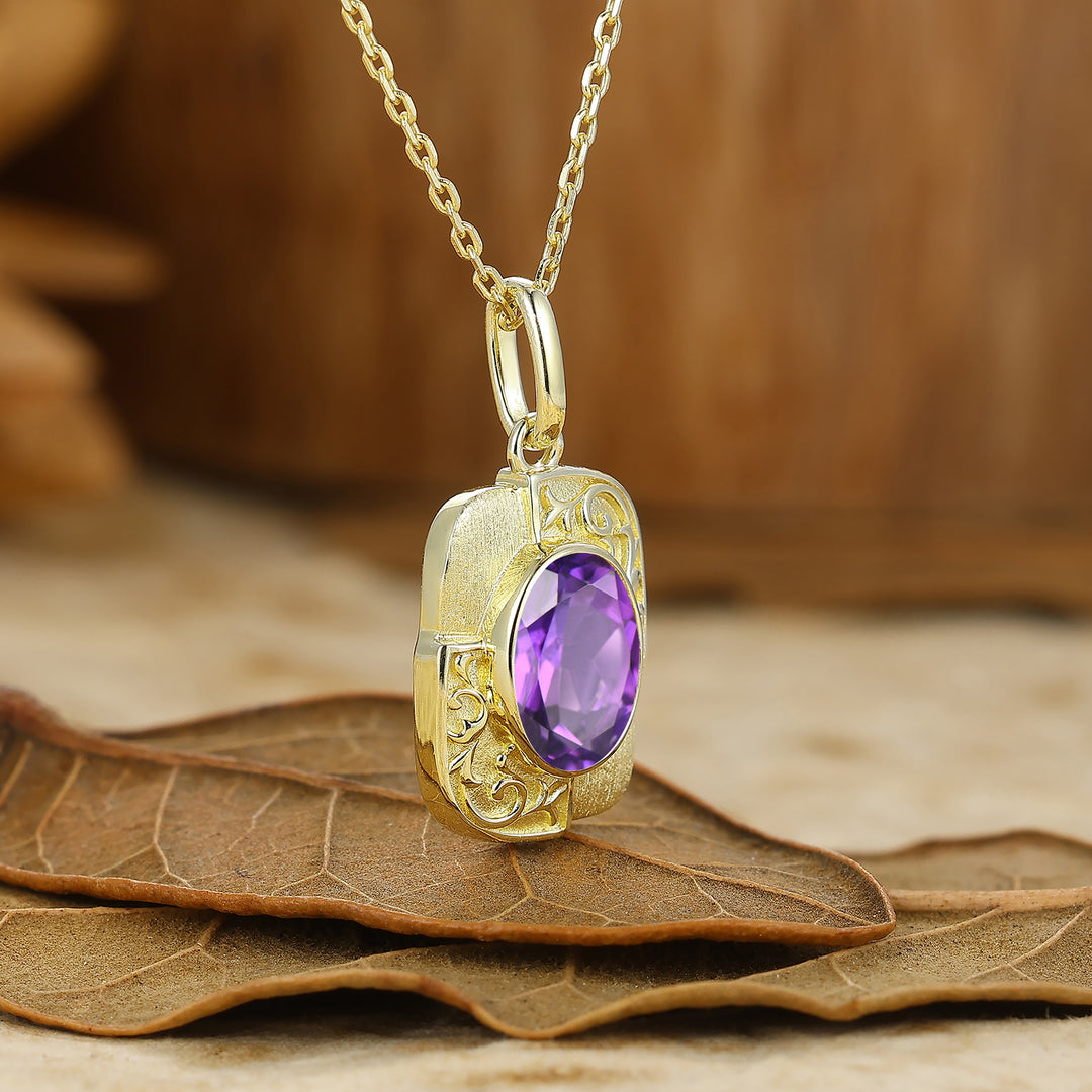 Textured Gold Filigreed Amethyst Pendant Solid Women Pendant Necklace