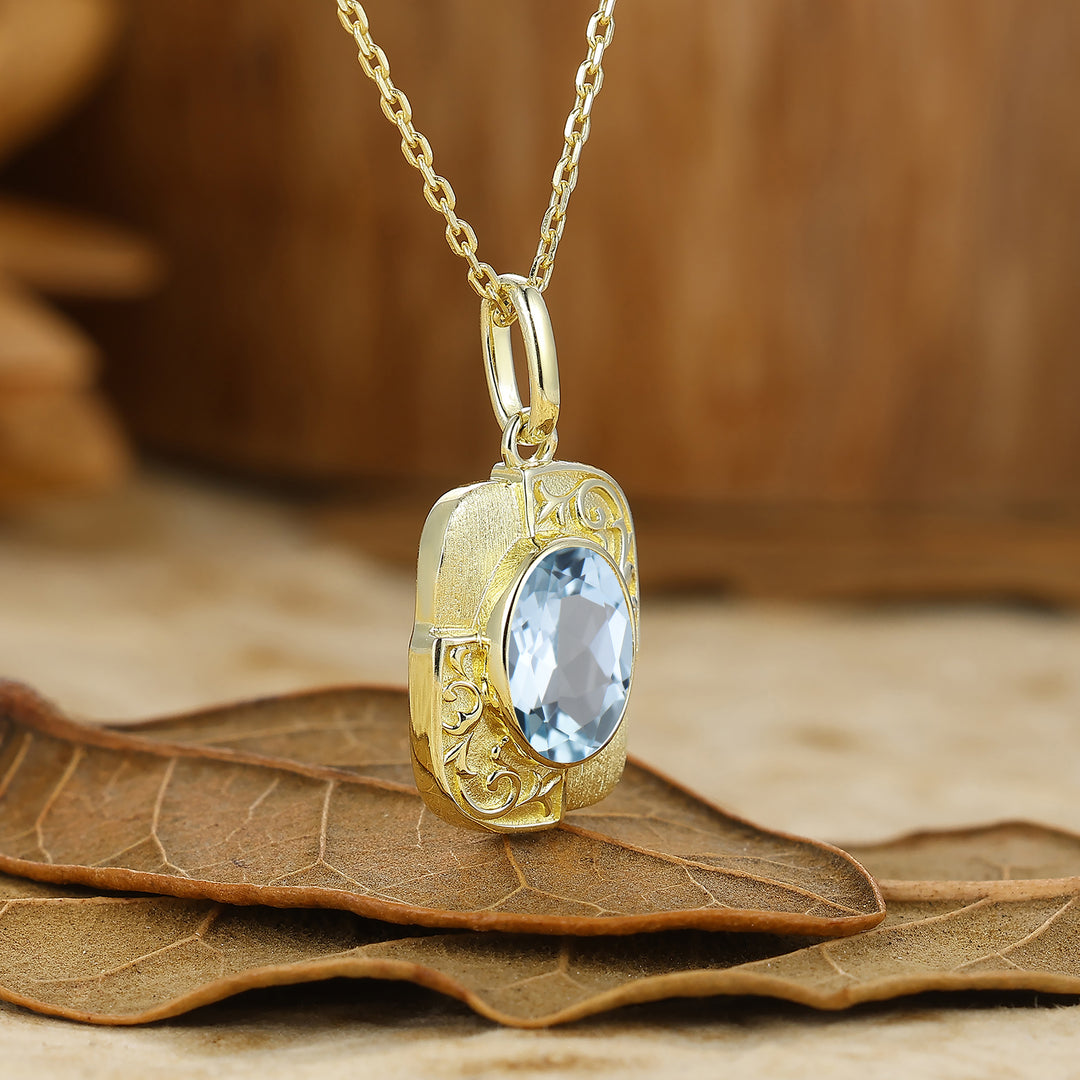Textured Gold Filigreed Aquamarine Pendant Solid Women Pendant Necklace