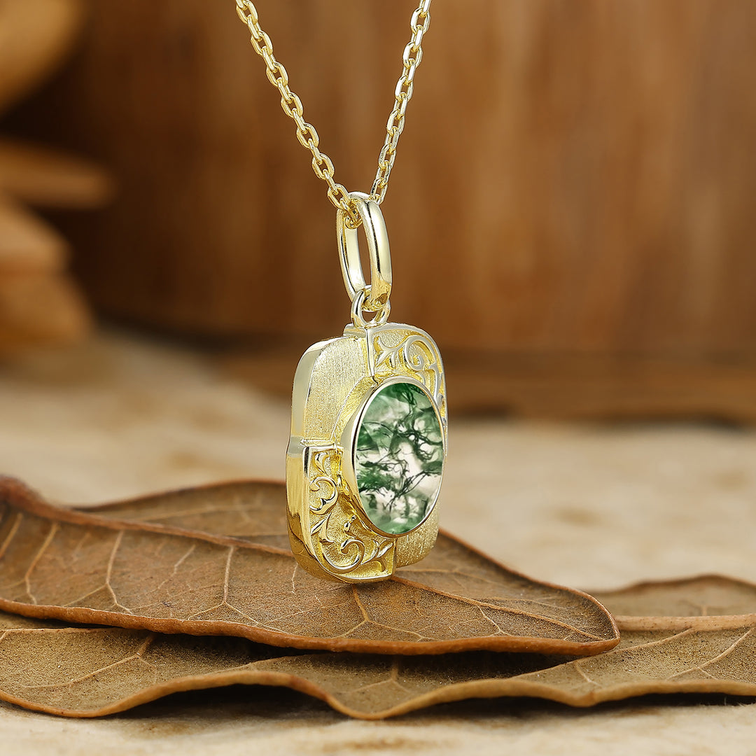 Textured Gold Filigreed  Moss Agate Pendant Solid Women Pendant Necklace
