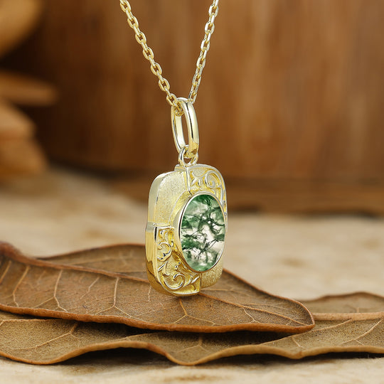 Textured Gold Filigreed  Moss Agate Pendant Solid Women Pendant Necklace