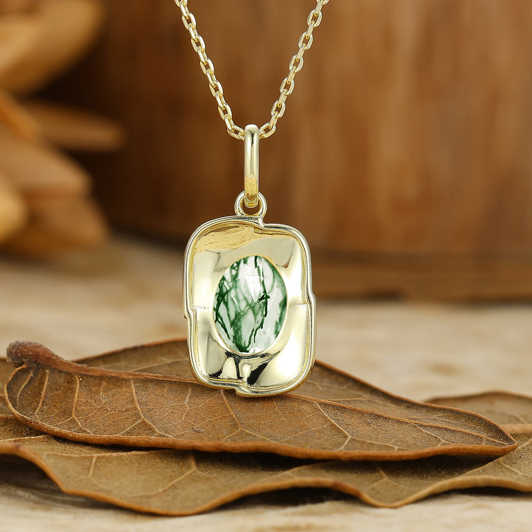 Textured Gold Filigreed  Moss Agate Pendant Solid Women Pendant Necklace