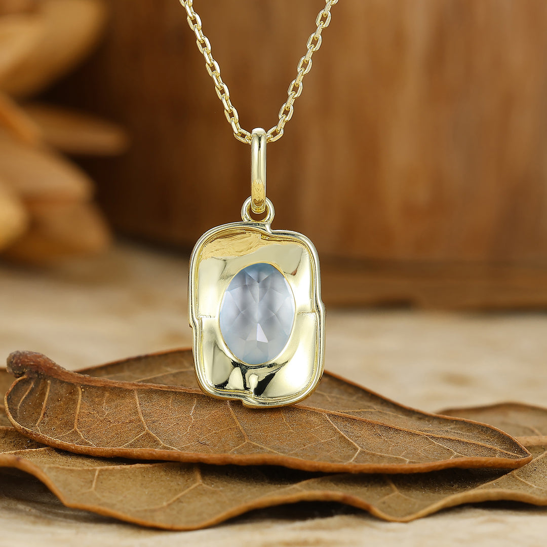 Textured Gold Filigreed Aquamarine Pendant Solid Women Pendant Necklace