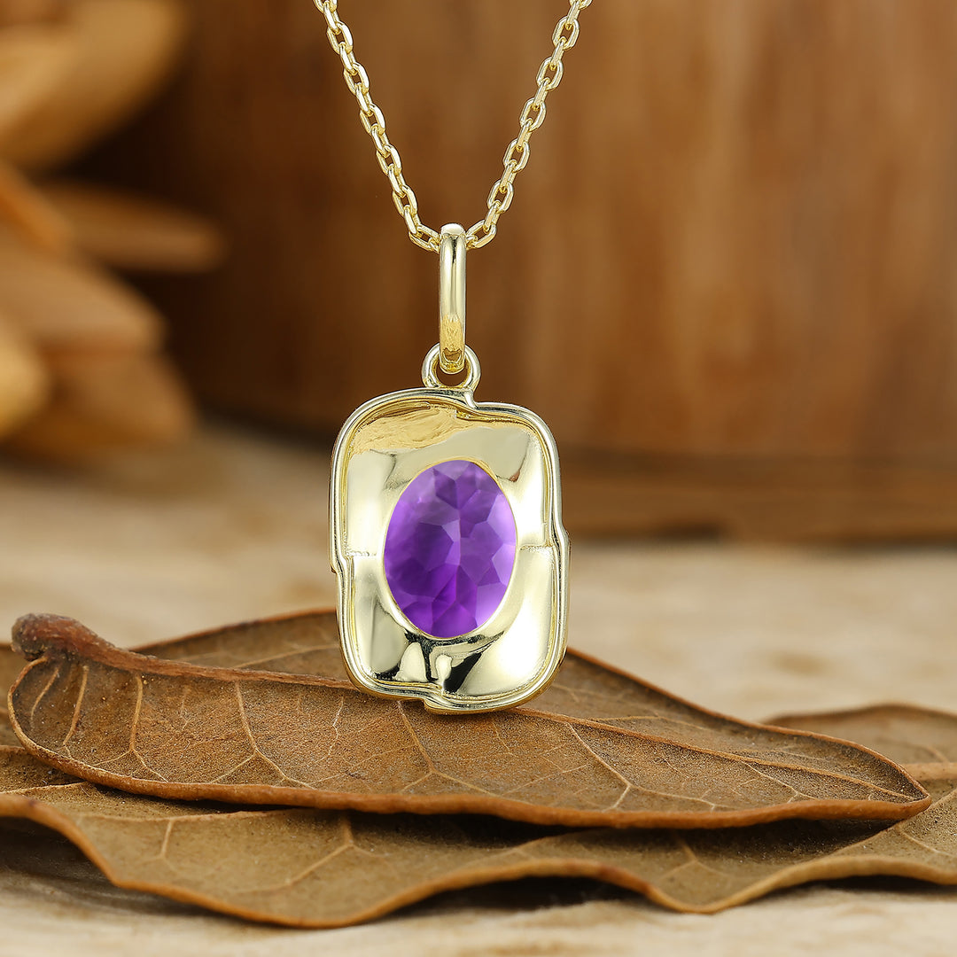 Textured Gold Filigreed Amethyst Pendant Solid Women Pendant Necklace