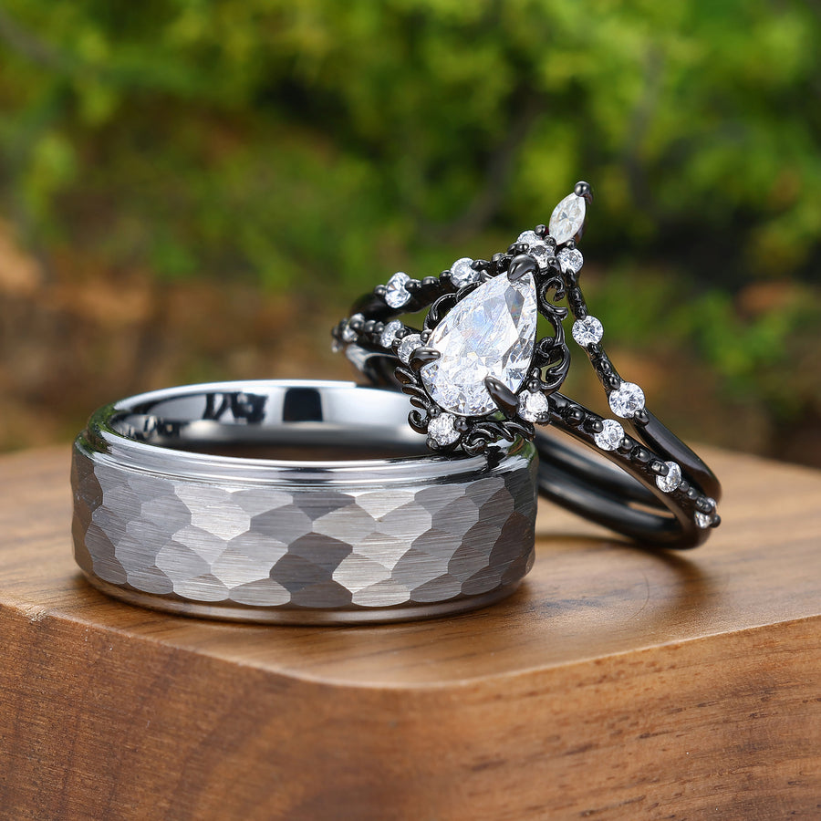 Vintage moissanita talla pera con filigrana conjunto de anillos de promesa para pareja conjunto de anillos de matrimonio