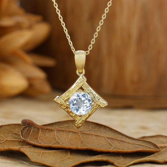 Vintage Filigree Round Cut Engraved  Aquamarine Pendant 14K Gold Pendant Necklace For Her