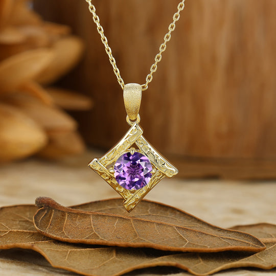 Vintage Filigree Round Cut Engraved  Amethyst Pendant 14K Gold Pendant Necklace For Her