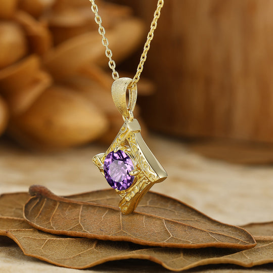Vintage Filigree Round Cut Engraved  Amethyst Pendant 14K Gold Pendant Necklace For Her