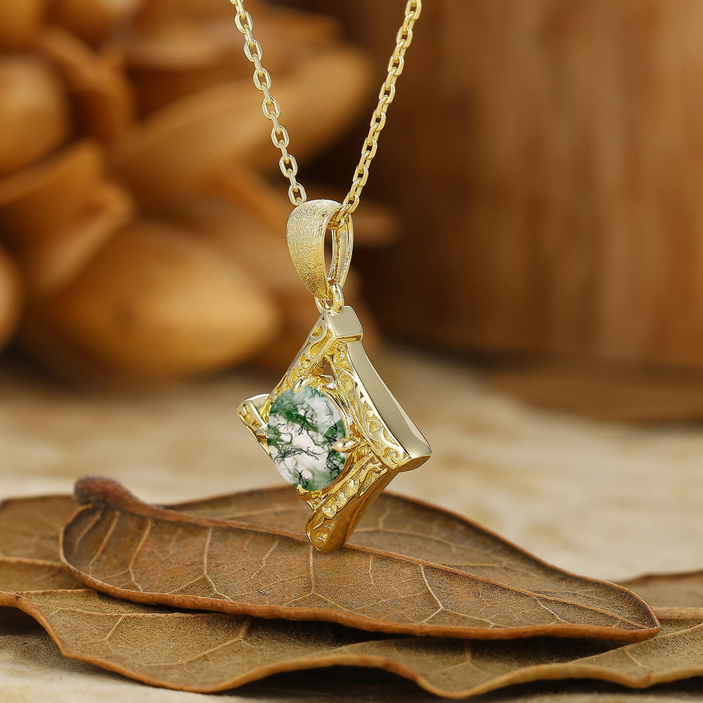 Vintage Filigree Round Cut Engraved Moss Agate Pendant 14K Gold Pendant Necklace For Her