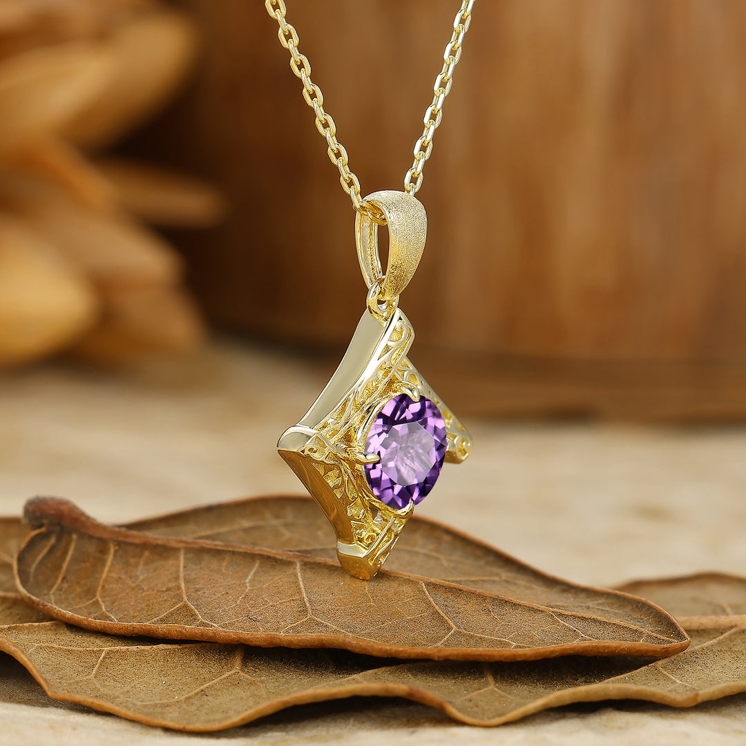 Vintage Filigree Round Cut Engraved  Amethyst Pendant 14K Gold Pendant Necklace For Her