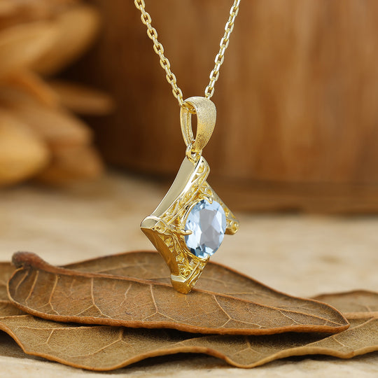 Vintage Filigree Round Cut Engraved  Aquamarine Pendant 14K Gold Pendant Necklace For Her