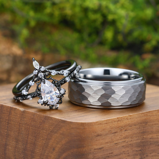 Vintage Filigreed Pear Cut Moissanite Promise Couple Ring Set Marriage Ring Set