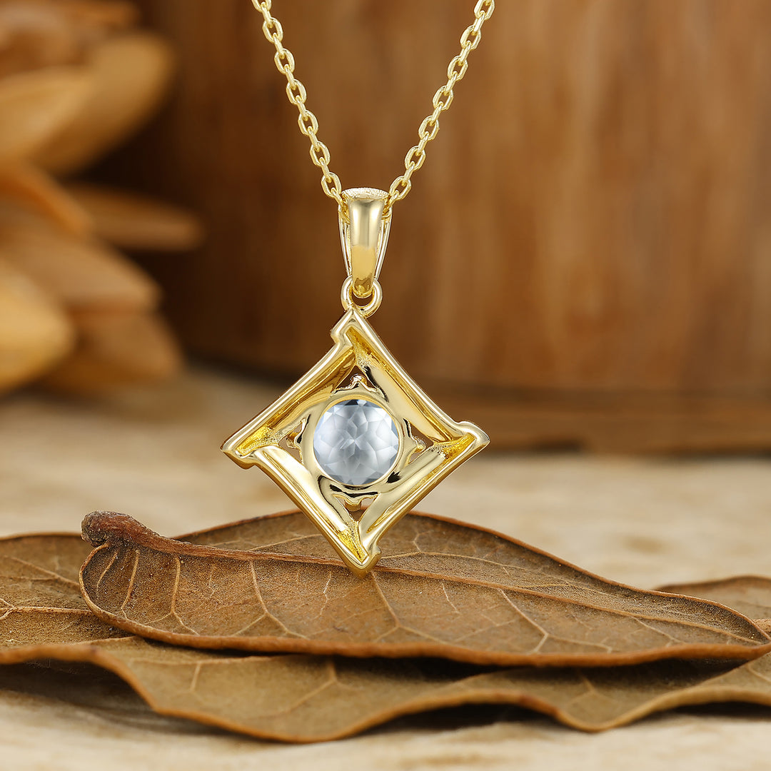 Vintage Filigree Round Cut Engraved  Aquamarine Pendant 14K Gold Pendant Necklace For Her