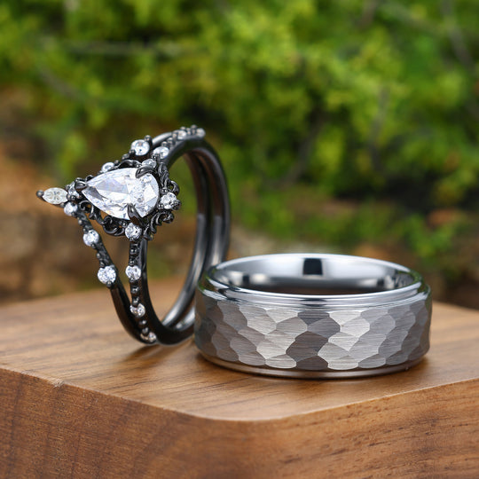 Vintage Filigreed Pear Cut Moissanite Promise Couple Ring Set Marriage Ring Set