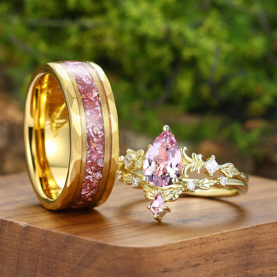 Dainty Leaf Inspired Pink Morganite Couple Ring Set Ring Set For Men And Women
