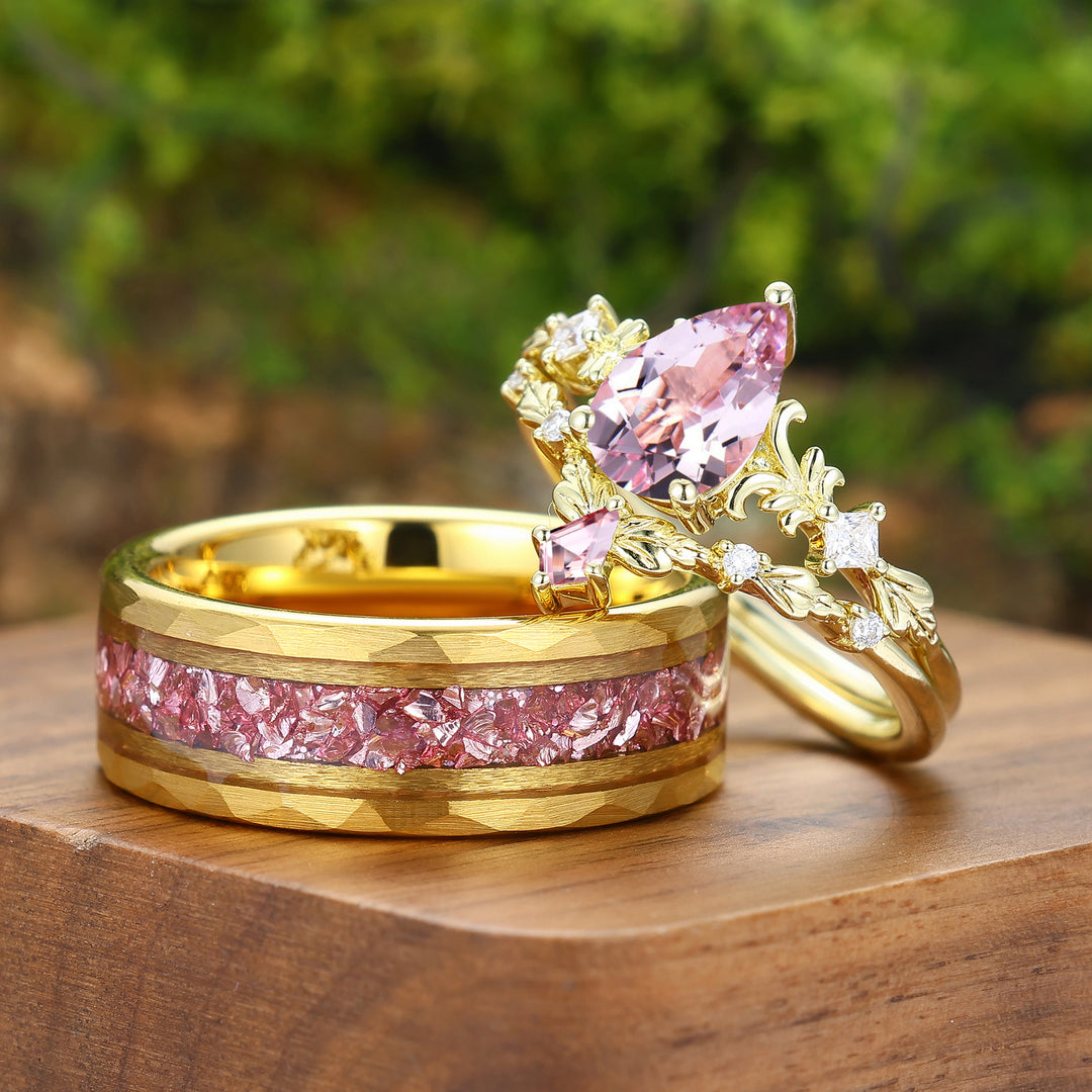 Conjunto de anillos para pareja con morganita rosa inspirado en