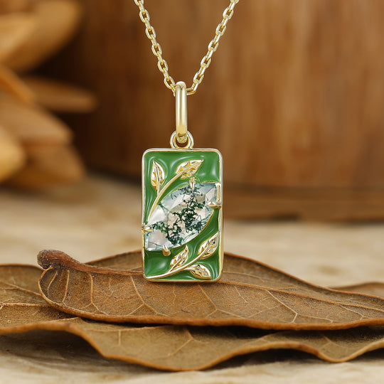 Leaf Engraved Moss Agate Necklace Natural Inspired Women Pendant S925 Necklace