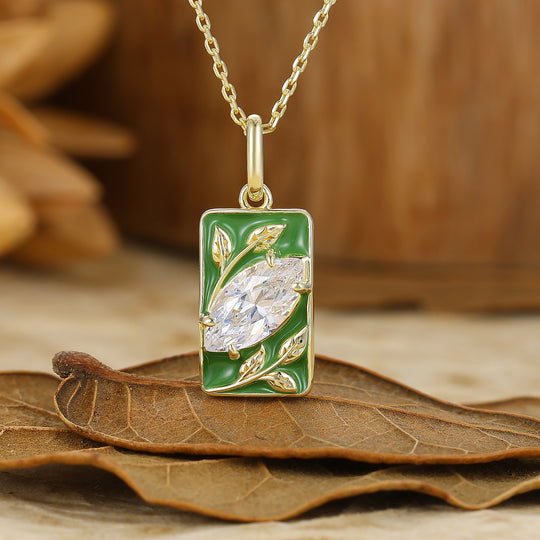 Leaf Inspired Marquise Cut Moissanite Necklace Rectangle Green Resin Pendant For Her