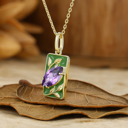 Vintage Marquise Cut Amethyst Pendant Vine Green Resin Women Necklace