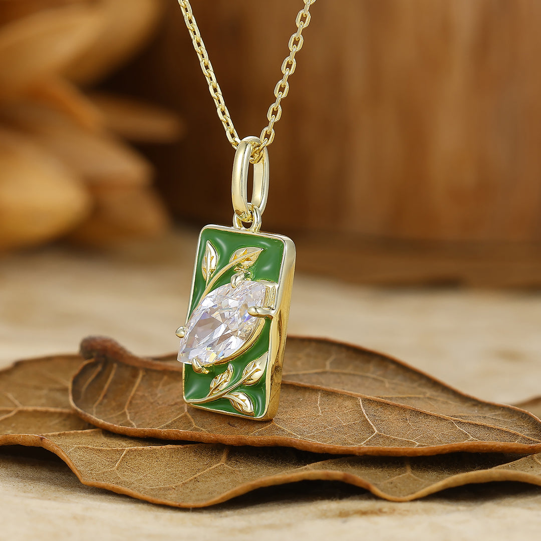 Leaf Inspired Marquise Cut Moissanite Necklace Rectangle Green Resin Pendant For Her