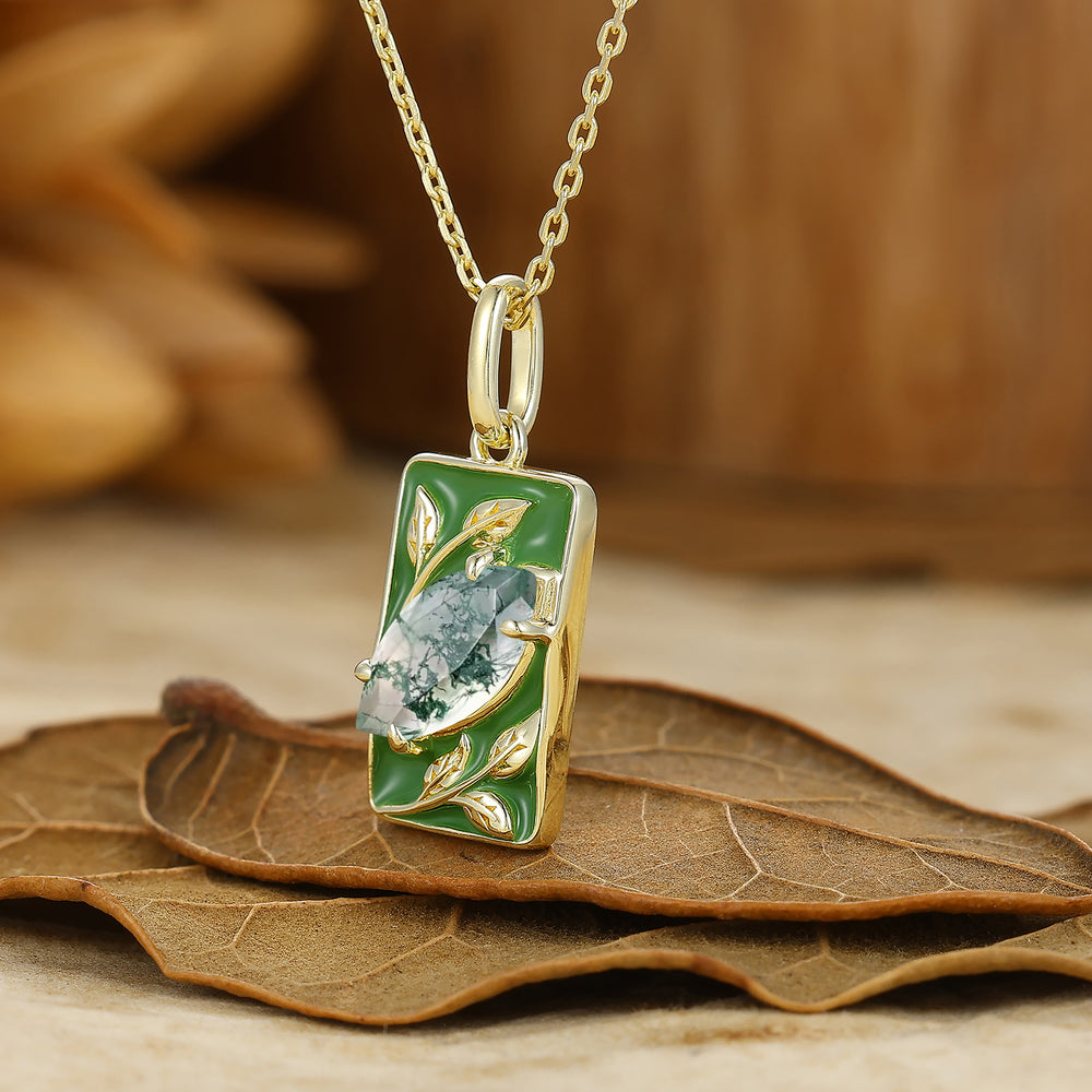 Leaf Engraved Moss Agate Necklace Natural Inspired Women Pendant S925 Necklace