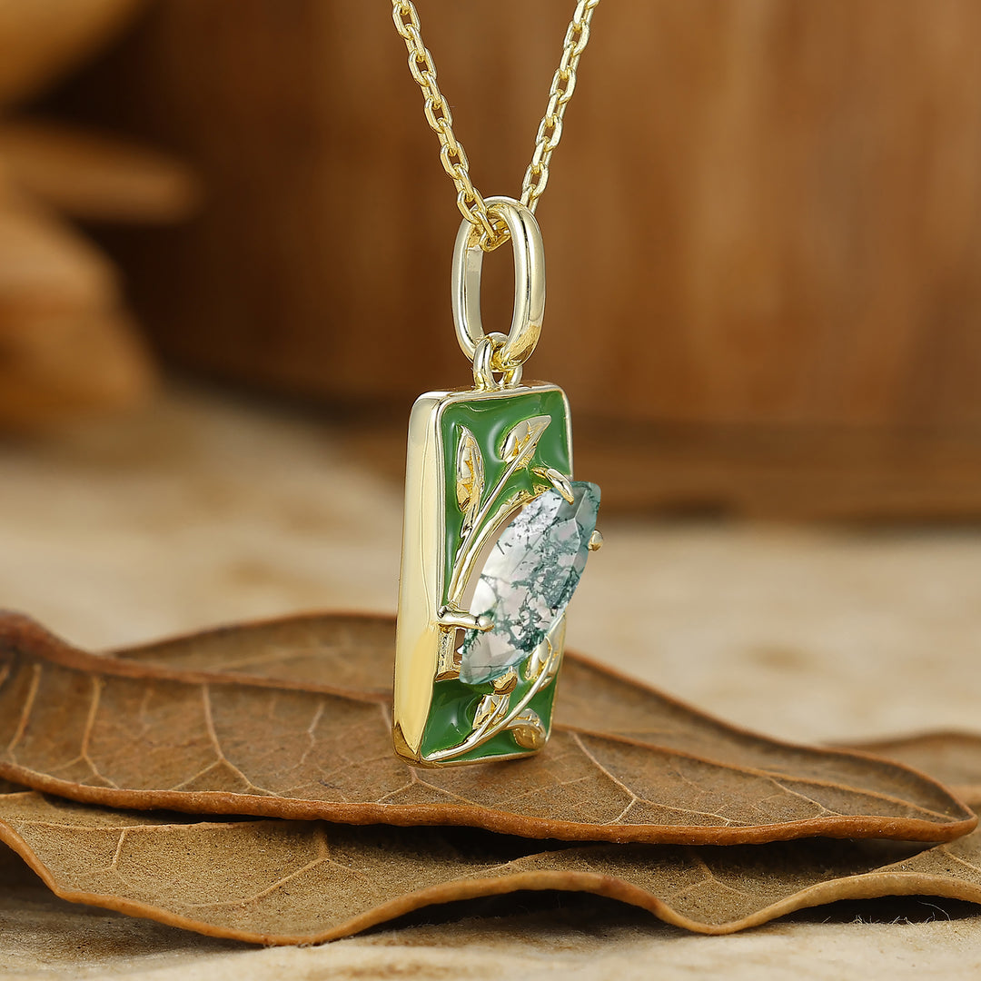 Leaf Engraved Moss Agate Necklace Natural Inspired Women Pendant S925 Necklace