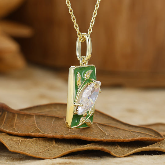 Leaf Inspired Marquise Cut Moissanite Necklace Rectangle Green Resin Pendant For Her