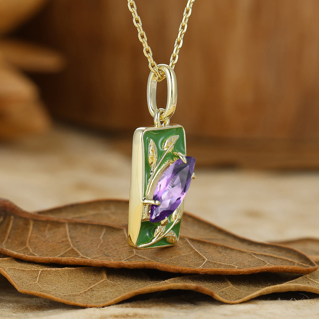 Vintage Marquise Cut Amethyst Pendant Vine Green Resin Women Necklace
