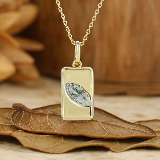 Leaf Engraved Moss Agate Necklace Natural Inspired Women Pendant S925 Necklace