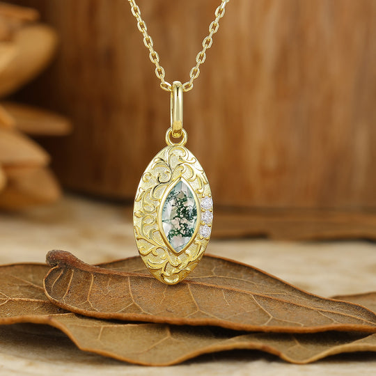 Marquise Coupe Collier en Agate Mousse Pendentif en Argent Sterling Filigrané Pendentif en Or Massif