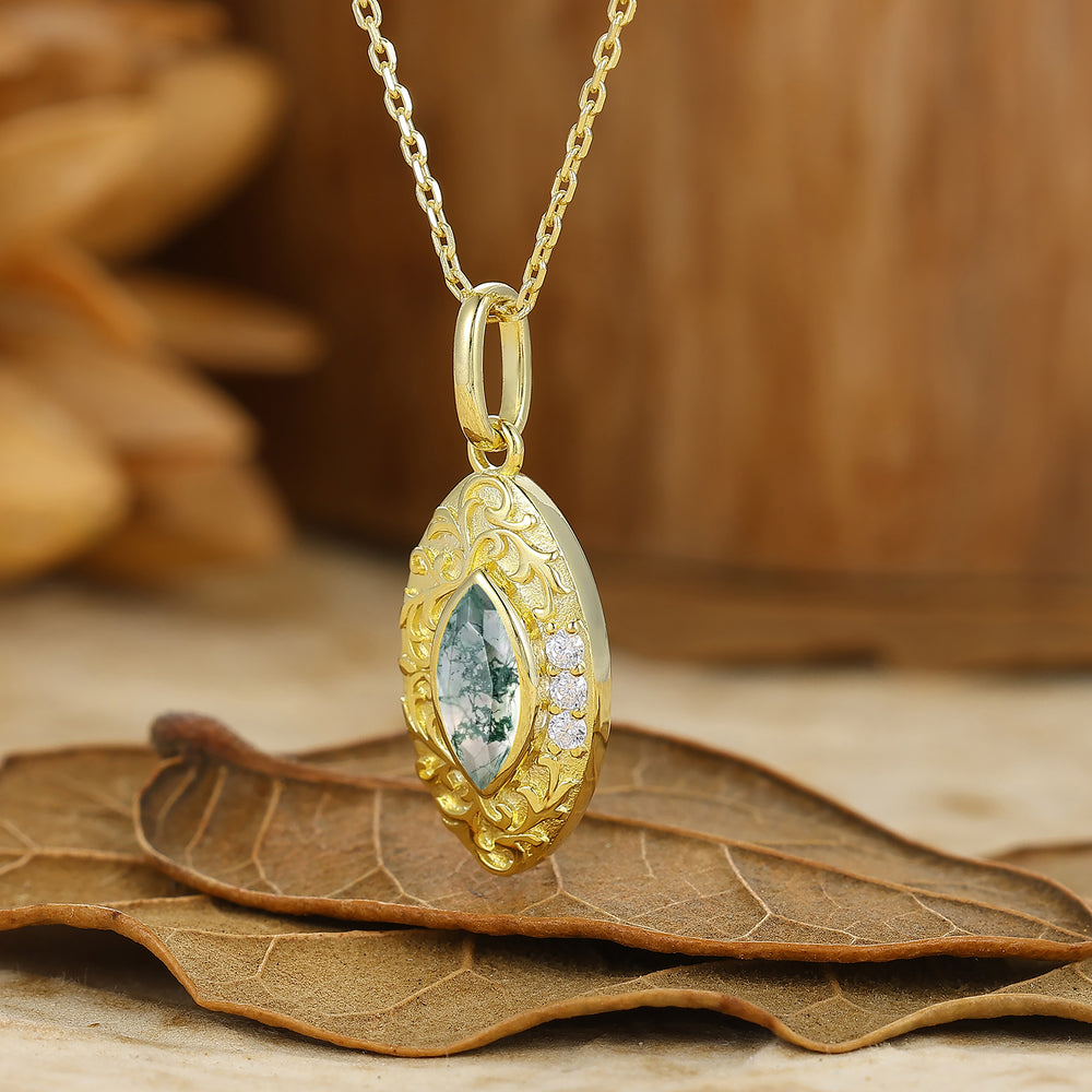 Marquise Coupe Collier en Agate Mousse Pendentif en Argent Sterling Filigrané Pendentif en Or Massif