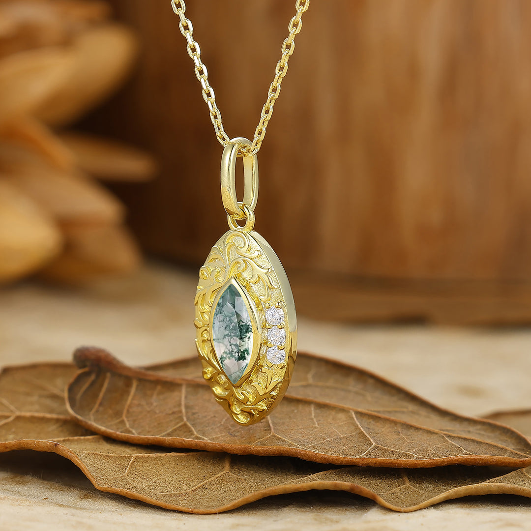 Marquise Coupe Collier en Agate Mousse Pendentif en Argent Sterling Filigrané Pendentif en Or Massif