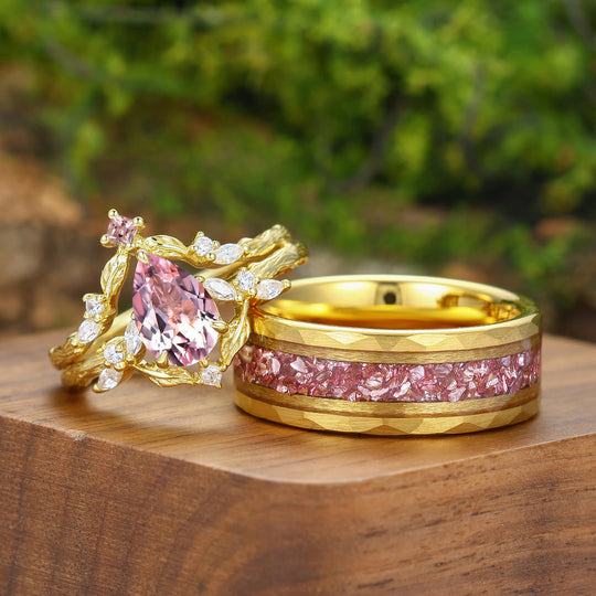 Brilliant Pink Morganite Branch Couple Ring Set Yellow Gold Plated His And Hers Rings