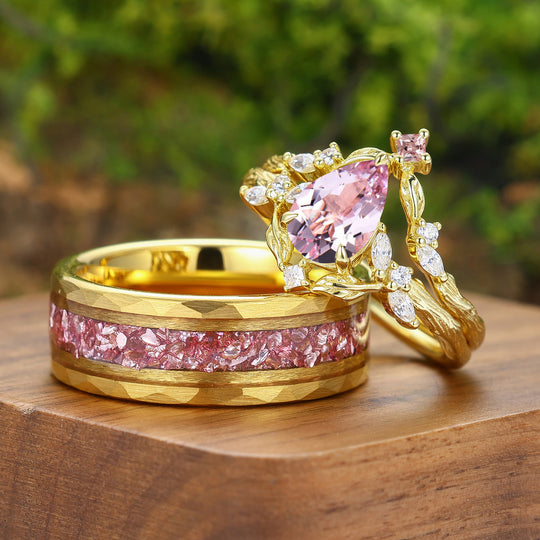 Brilliant Pink Morganite Branch Couple Ring Set Yellow Gold Plated His And Hers Rings