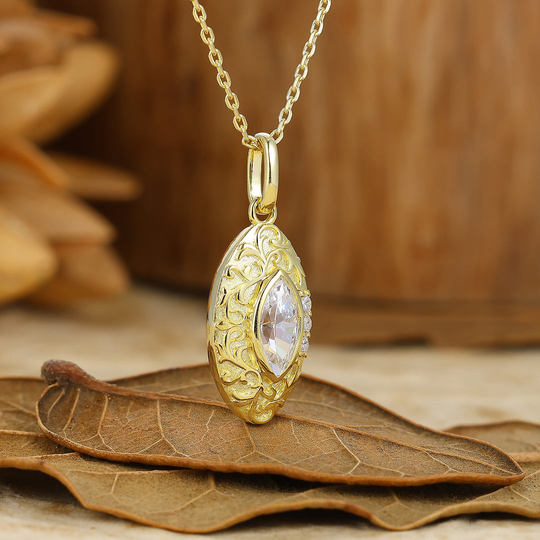 Vintage Vine Filigreed Moissanite Pendant Solid Rose Gold Women Pendant Necklace