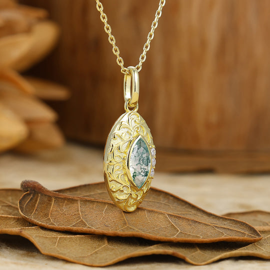 Marquise Coupe Collier en Agate Mousse Pendentif en Argent Sterling Filigrané Pendentif en Or Massif