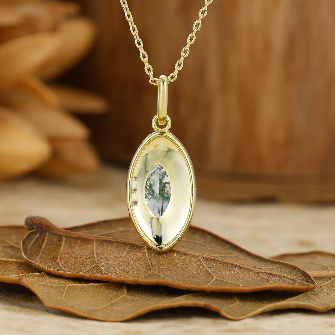 Marquise Coupe Collier en Agate Mousse Pendentif en Argent Sterling Filigrané Pendentif en Or Massif