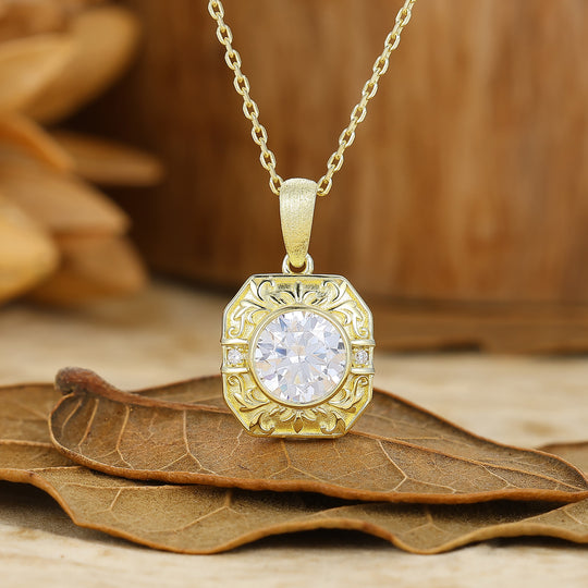 Vintage Style Octagon Filigreed Moissanite Pendant Solid Rose Gold Women Pendant Necklace