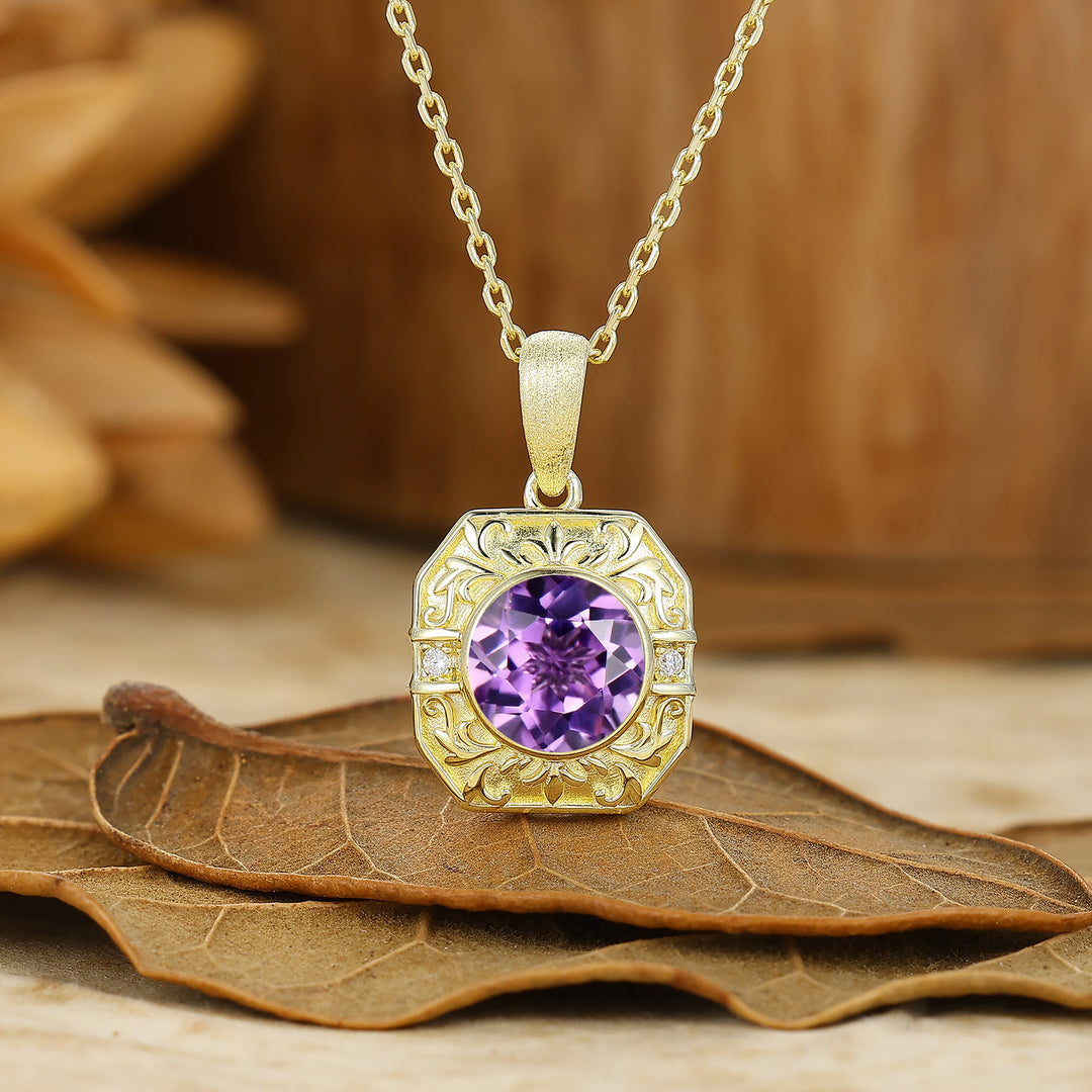 Vintage Style Octagon Filigreed Amethyst Pendant Solid Rose Gold Women Pendant Necklace