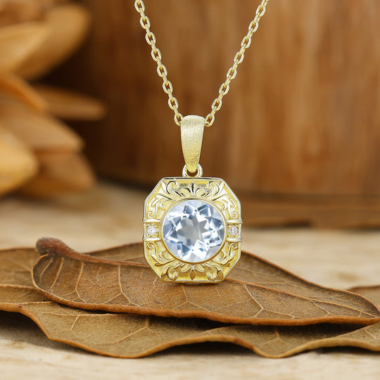 Vintage Style Octagon Filigreed Aquamarine Pendant Solid Rose Gold Women Pendant Necklace