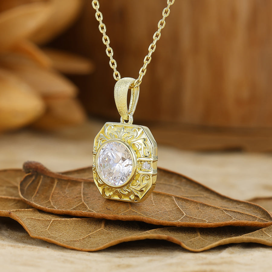 `Vintage-Stil oktogonaler filigraner Moissanit-Anhänger aus massivem Roségold – Damen-Halskette`