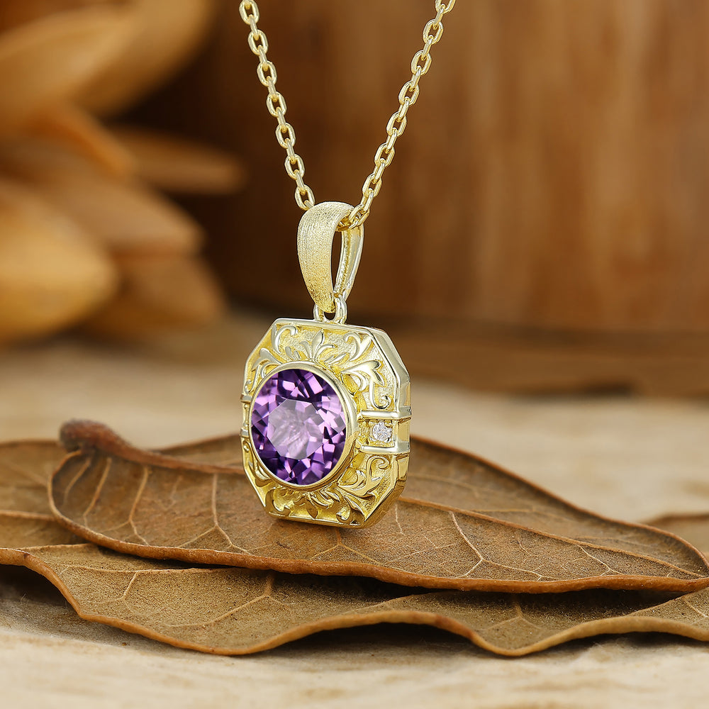 Vintage Style Octagon Filigreed Amethyst Pendant Solid Rose Gold Women Pendant Necklace