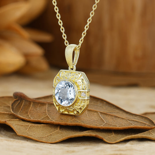 Vintage Style Octagon Filigreed Aquamarine Pendant Solid Rose Gold Women Pendant Necklace
