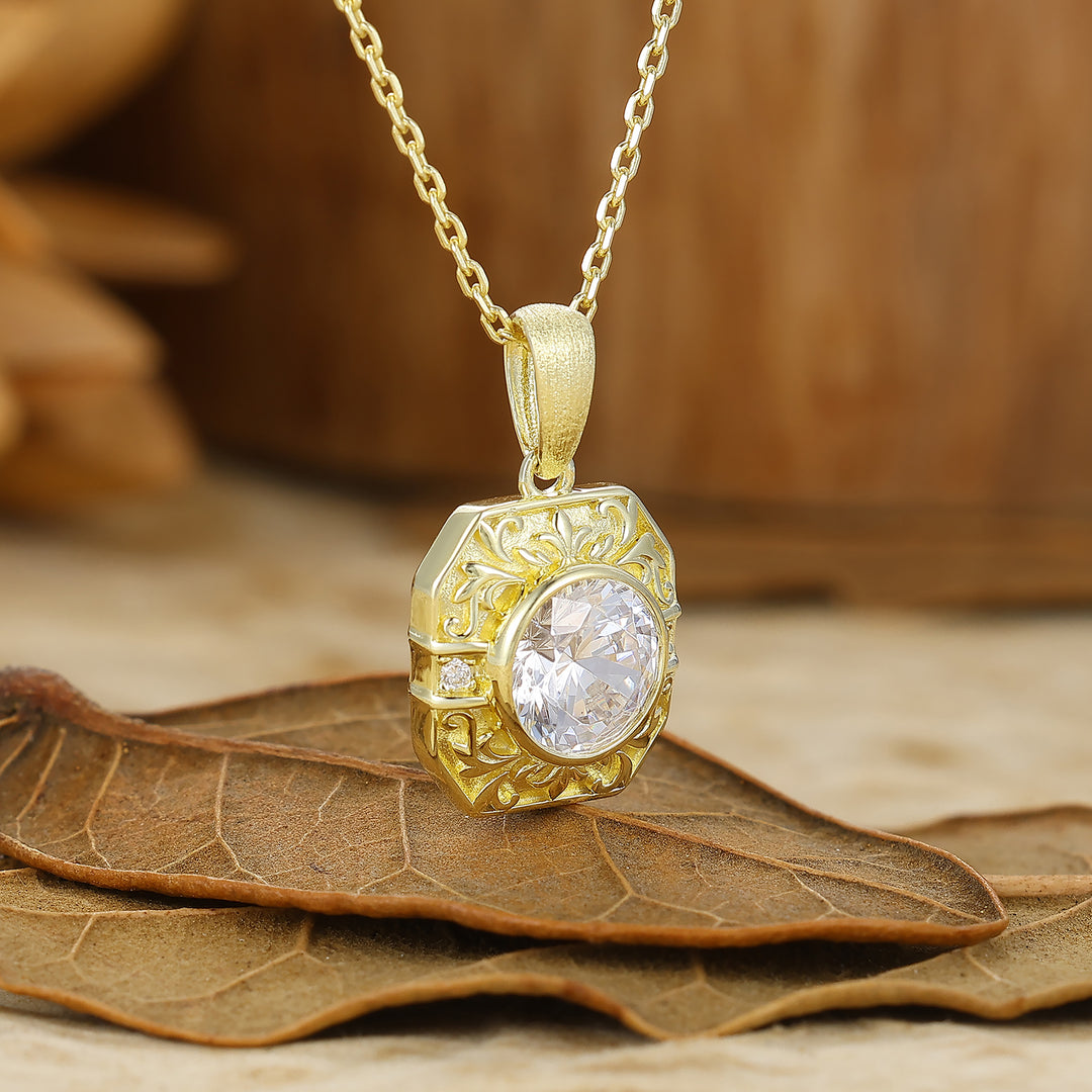 Vintage Style Octagon Filigreed Moissanite Pendant Solid Rose Gold Women Pendant Necklace