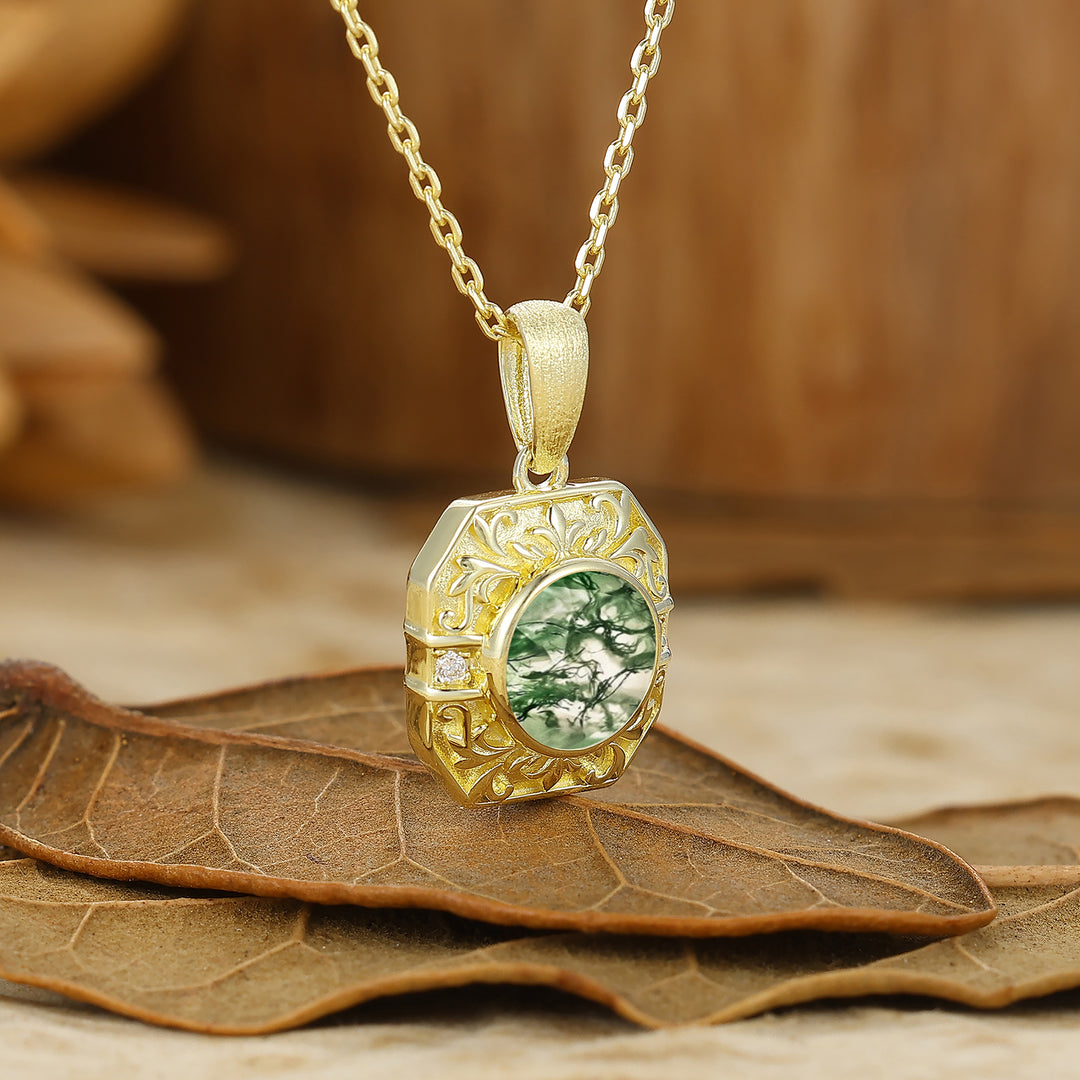 Vintage Style Octagon Filigreed Moss Agate Pendant Solid Rose Gold Women Pendant Necklace