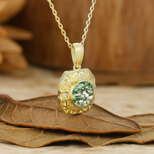 Vintage Style Octagon Filigreed Moss Agate Pendant Solid Rose Gold Women Pendant Necklace