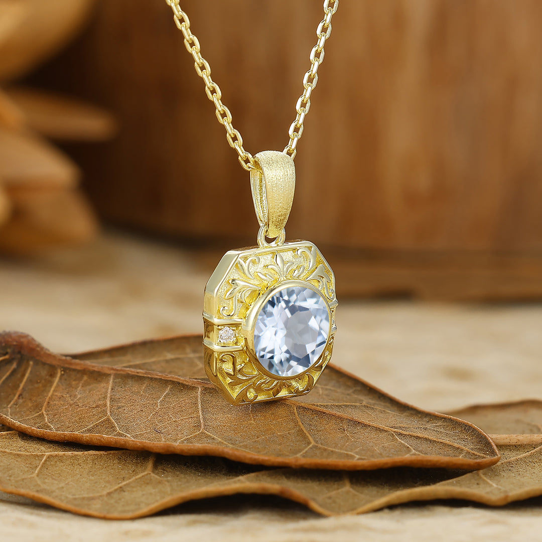 Vintage Style Octagon Filigreed Aquamarine Pendant Solid Rose Gold Women Pendant Necklace