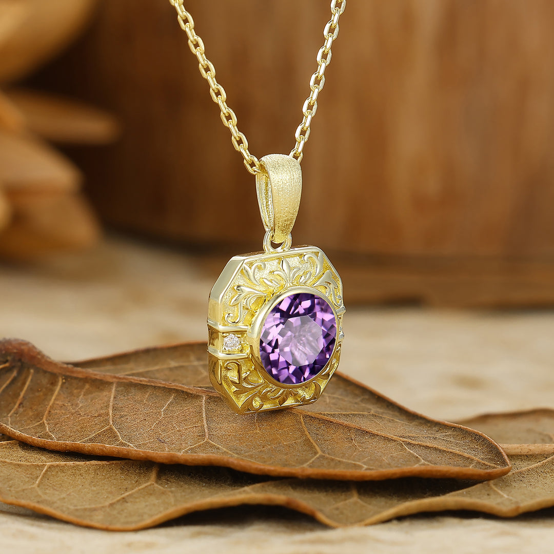 Vintage Style Octagon Filigreed Amethyst Pendant Solid Rose Gold Women Pendant Necklace