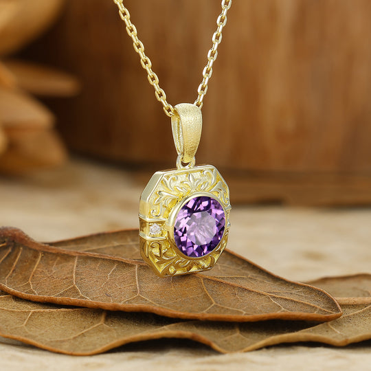 Vintage Style Octagon Filigreed Amethyst Pendant Solid Rose Gold Women Pendant Necklace